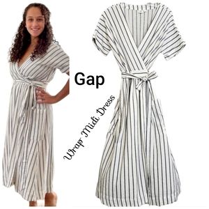 Nwot Gap White /Navy Linen Blend Stripe Shortsleeve Wrap Midi Dress w/Pockets